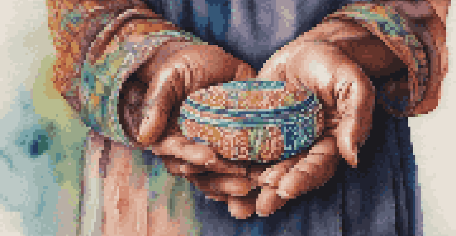 Close-up of hands holding a colorful handmade product made by trafficking survivors, highlighting its intricate design.