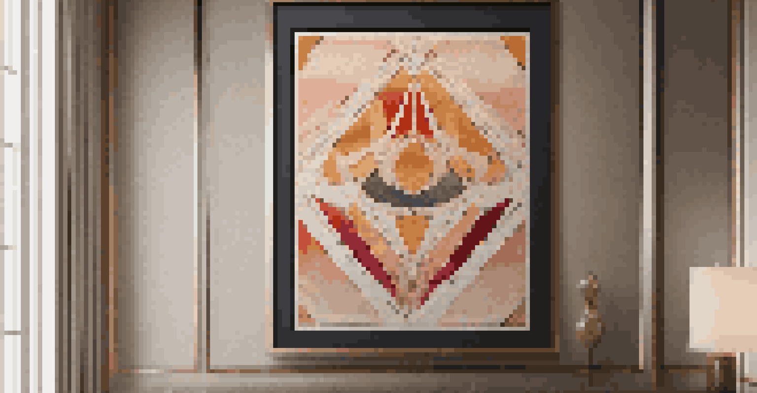 A framed vintage silk textile from the Art Deco era displayed on a wall, surrounded by minimalist decor and warm lighting.