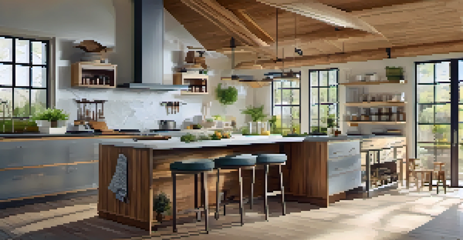 A modern kitchen with recycled glass countertops and reclaimed wood cabinets, well-lit by natural sunlight from skylights, highlighting its eco-friendly design.