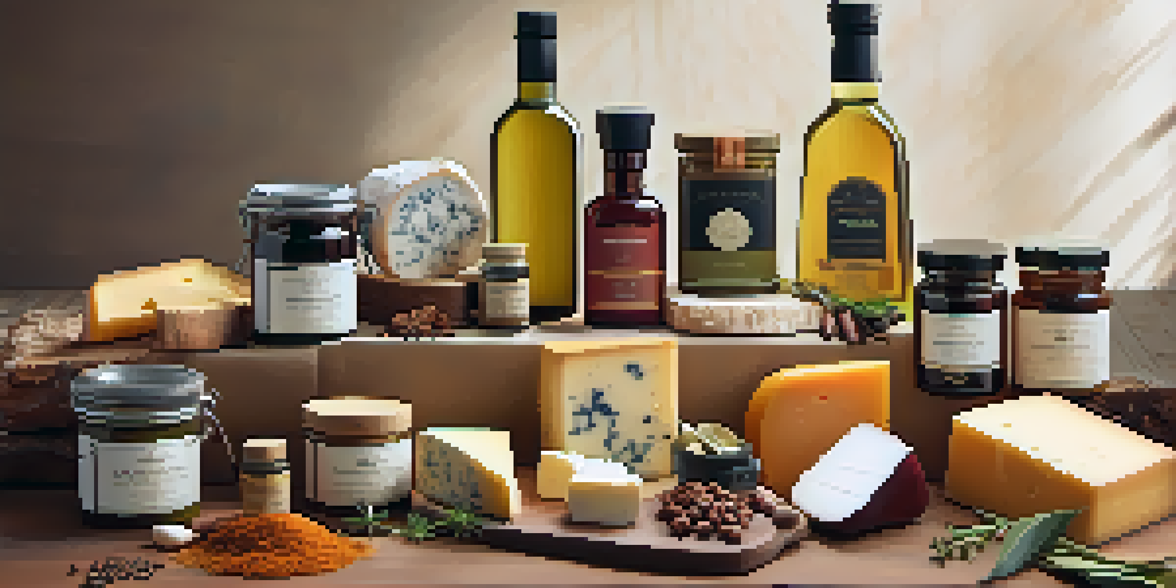 A luxury subscription box filled with gourmet foods on a wooden table, showcasing artisanal cheeses, spices, and olive oils.