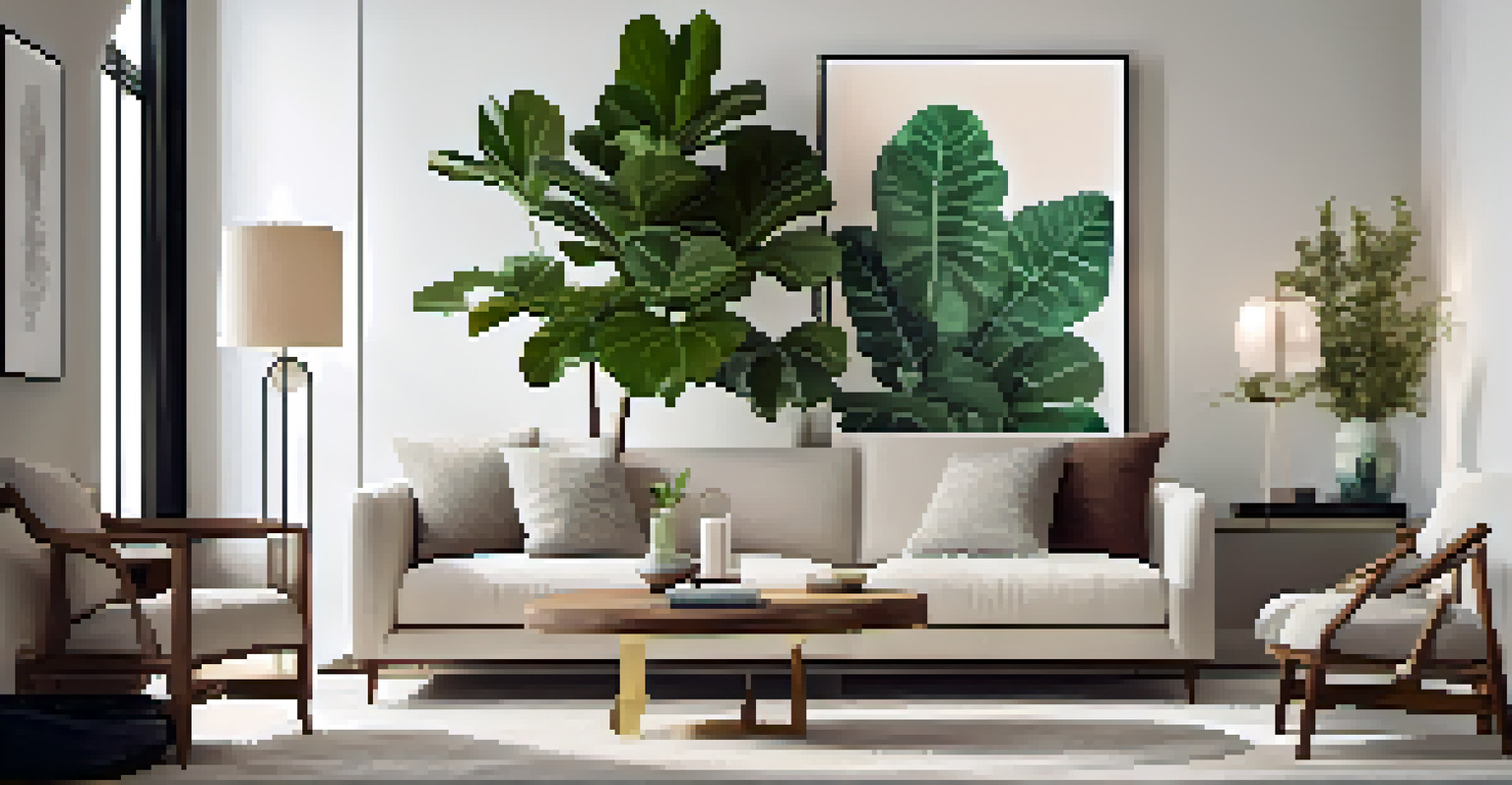 An indoor living space with a large fiddle leaf fig plant beside a modern sofa, showcasing minimalist décor and soft lighting.