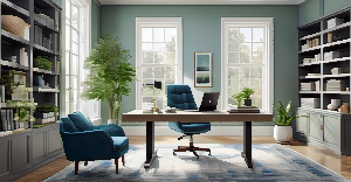A modern home office with a sleek desk, ergonomic furniture, natural light, and potted plants.