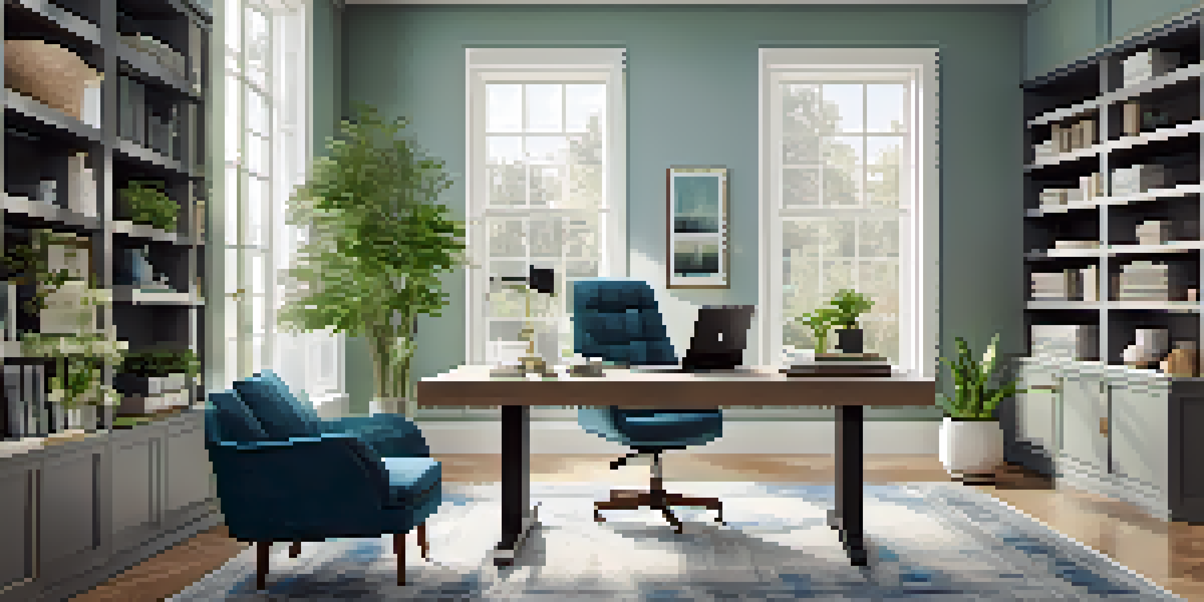 A modern home office with a sleek desk, ergonomic furniture, natural light, and potted plants.