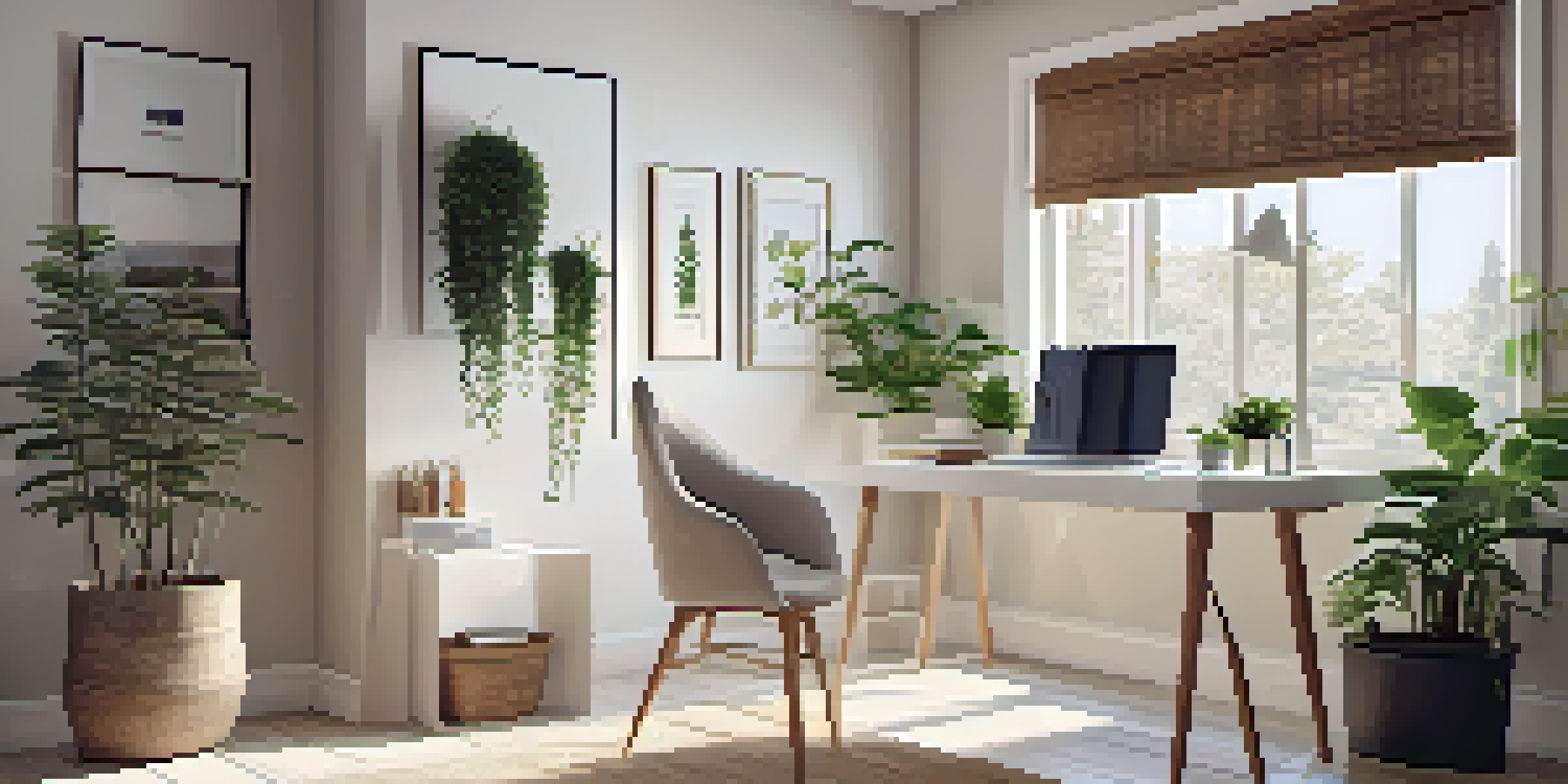 A minimalist home office with a white desk, wooden chair, and potted plants, illuminated by natural light from a window.