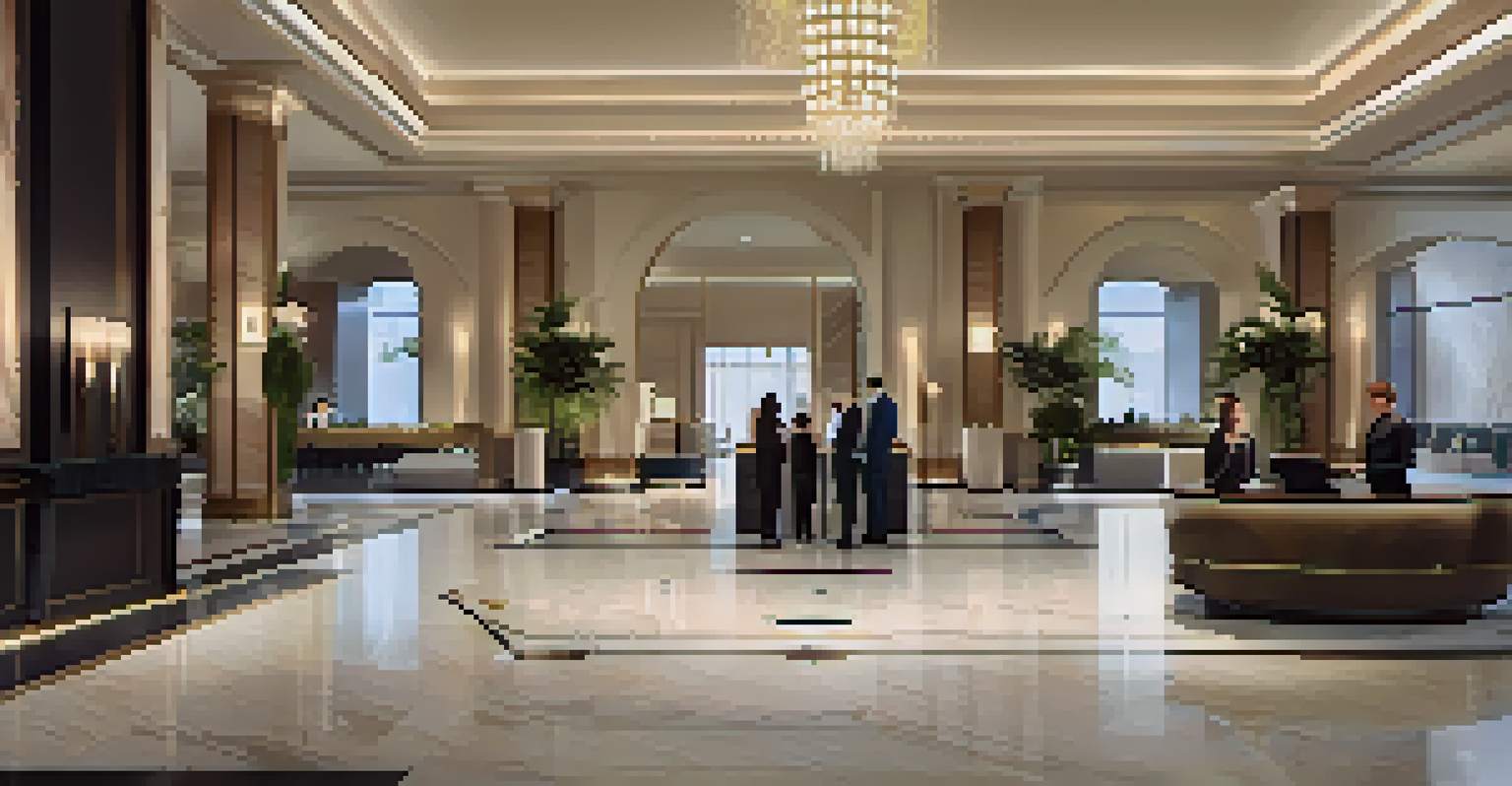 An elegant hotel lobby where guests are checking in using a mobile app, showcasing a blend of luxury and efficiency in customer service.