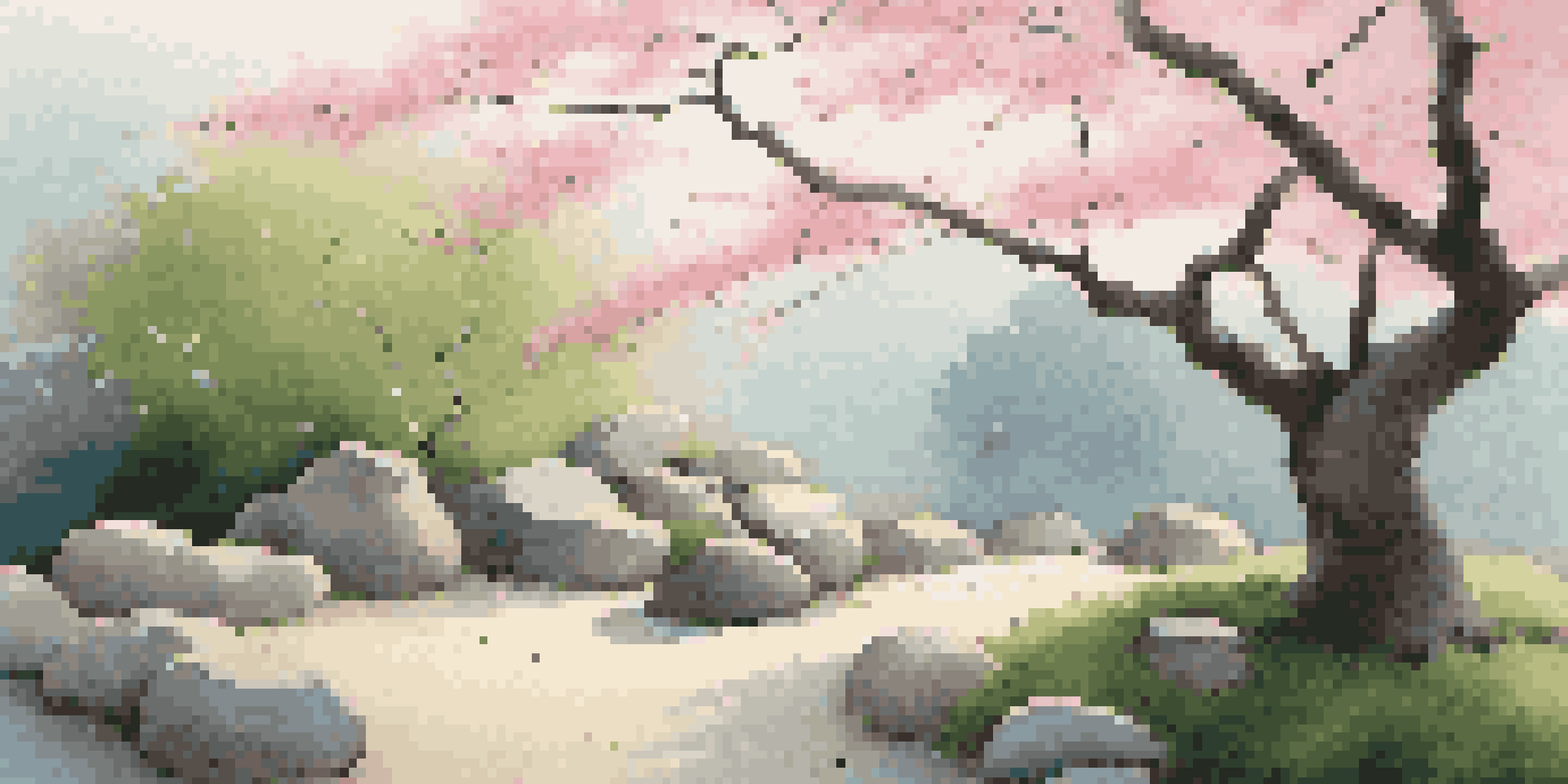 A Japanese Zen garden at sunrise with raked gravel, stones, moss, and a cherry blossom tree.