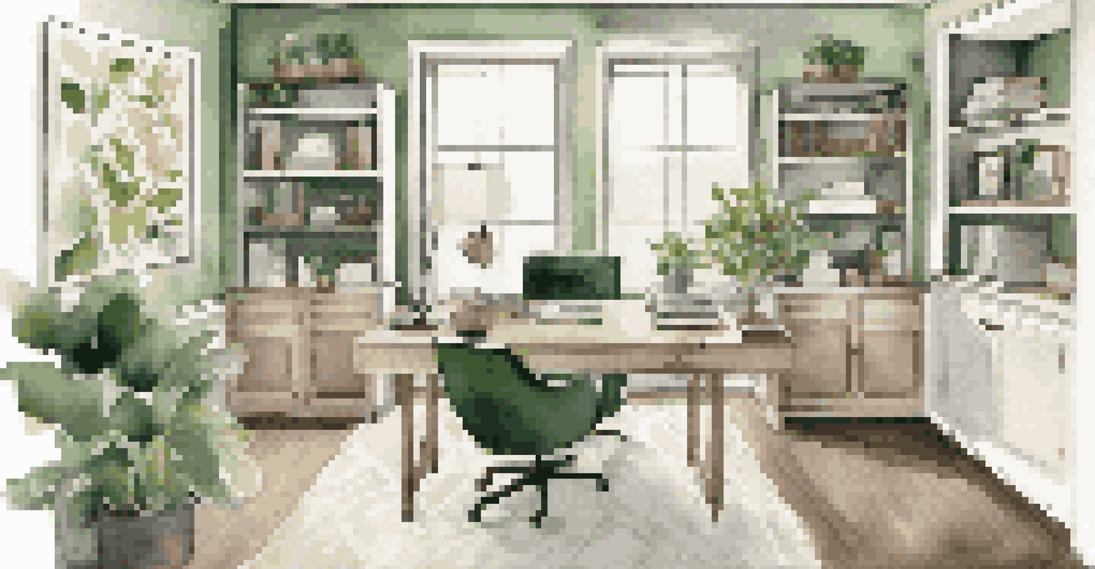 A functional home office layout with a desk by a window and a bookshelf divider, featuring a soft color palette and motivational decor.