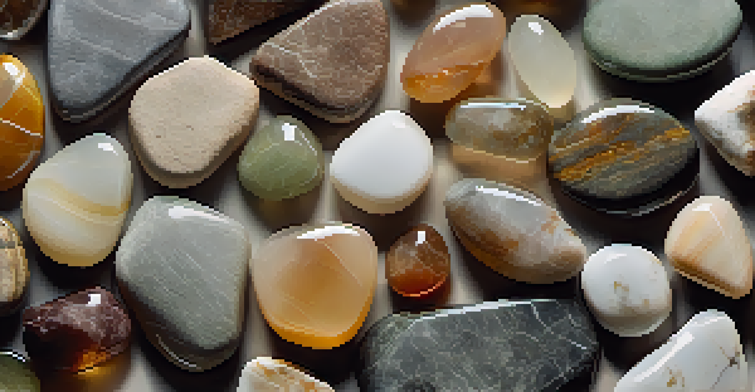 A collection of translucent natural stones in earthy tones on a white marble surface, illuminated by sunlight, showcasing their unique textures.