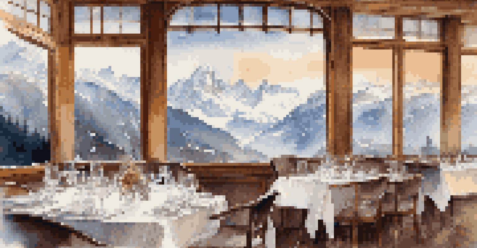 A gourmet restaurant table set for dining with a mountain view through large windows.
