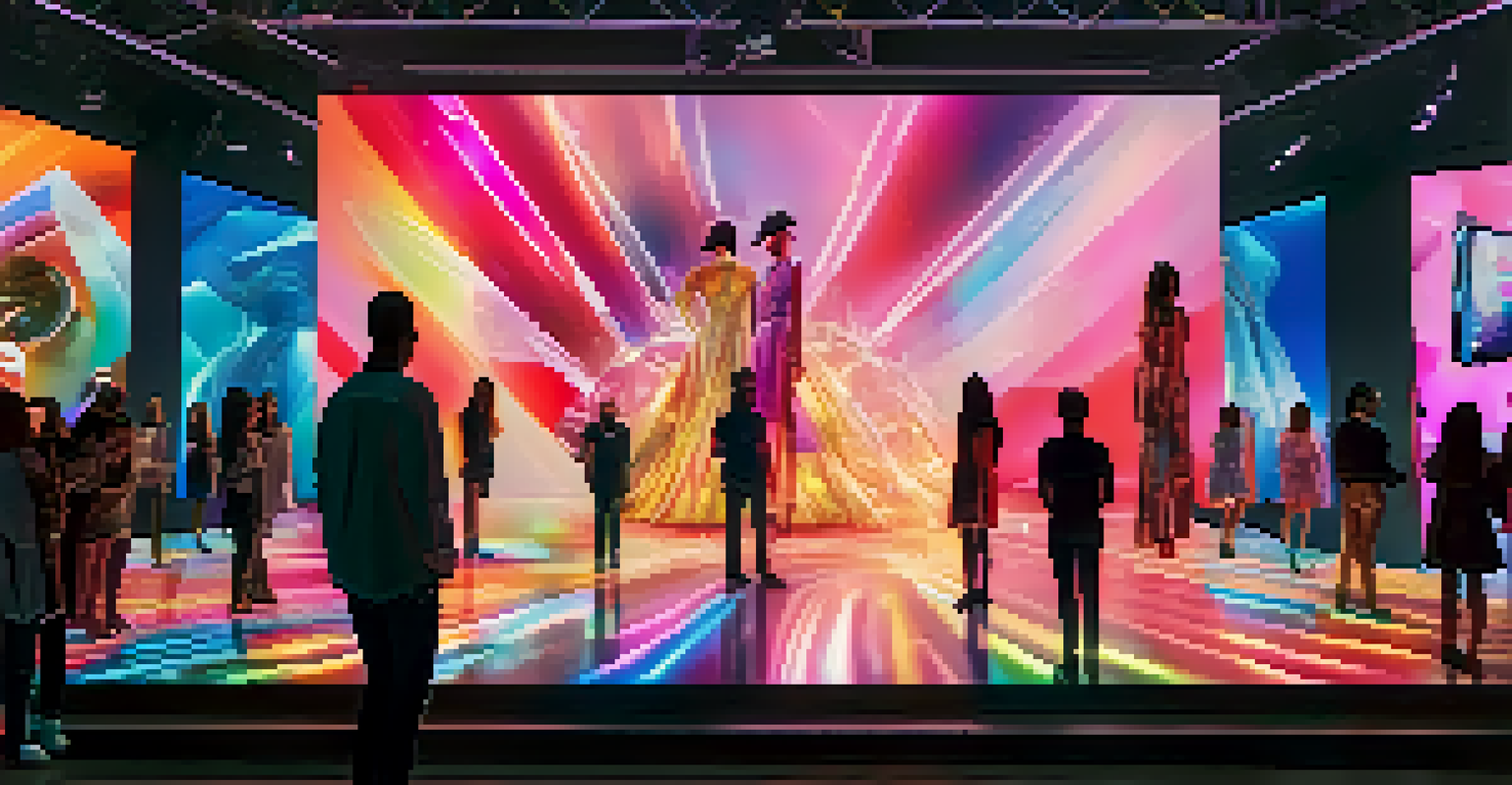 A digital fashion show featuring augmented reality elements with an engaged audience capturing moments on their smartphones.