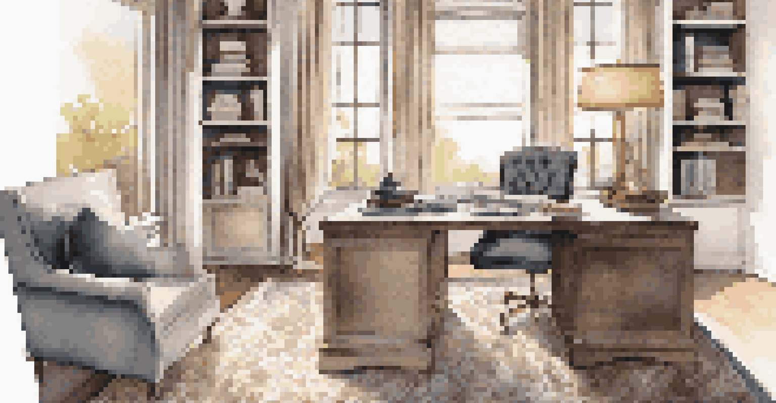 A cozy home office with plush textiles, warm lighting, and a modern aesthetic.