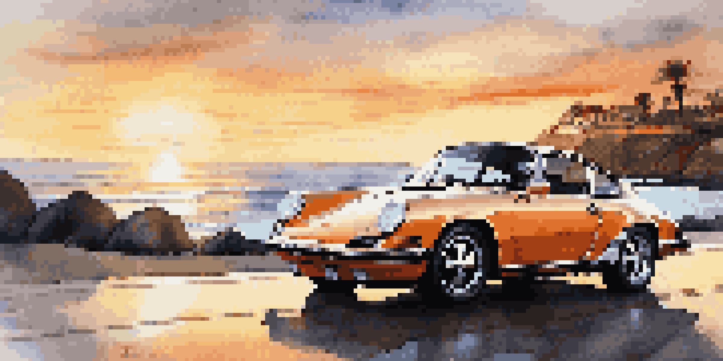 A Porsche 911 parked on a coastal highway at sunset, with waves crashing in the background.