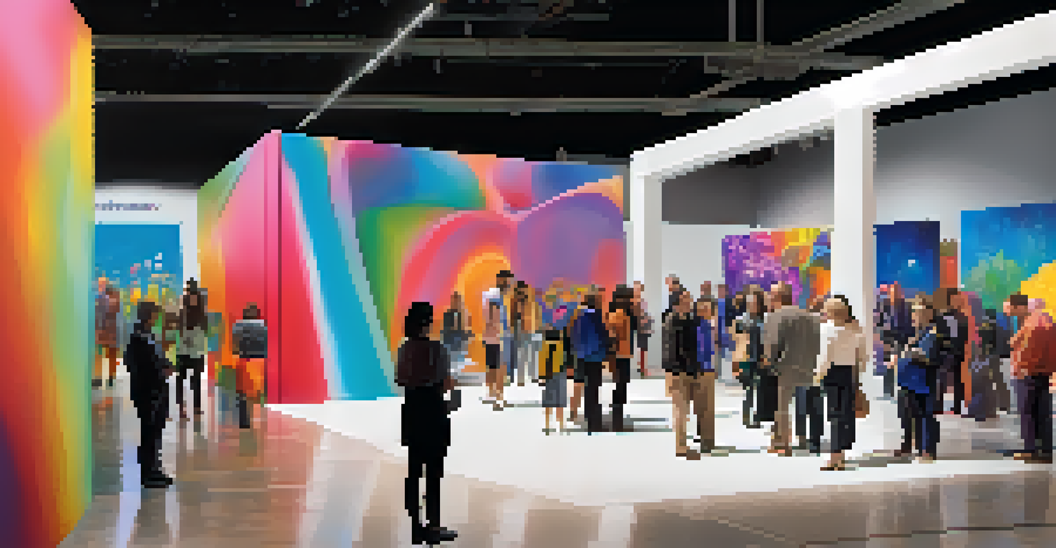 An immersive art installation at a charity event, with attendees interacting with colorful sculptures and digital displays.