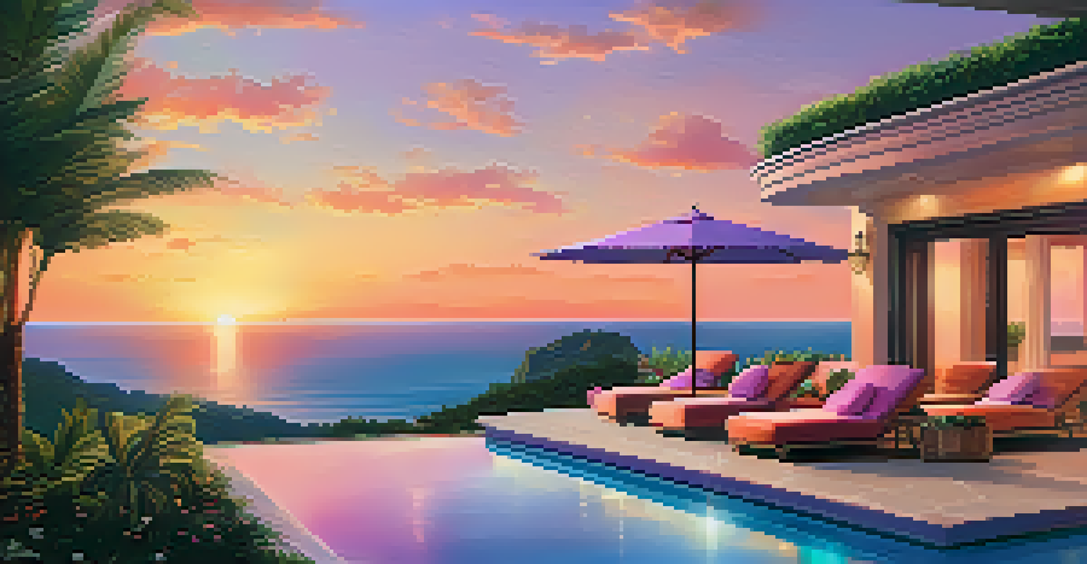 An outdoor terrace with an infinity pool and lounge chairs, surrounded by greenery and an ocean view at sunset.