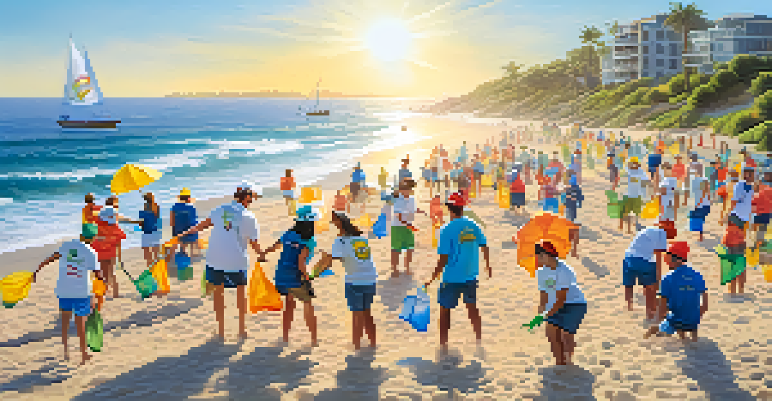 Teams participating in a beach clean-up activity with colorful t-shirts, set against a bright sunny beach and ocean waves.