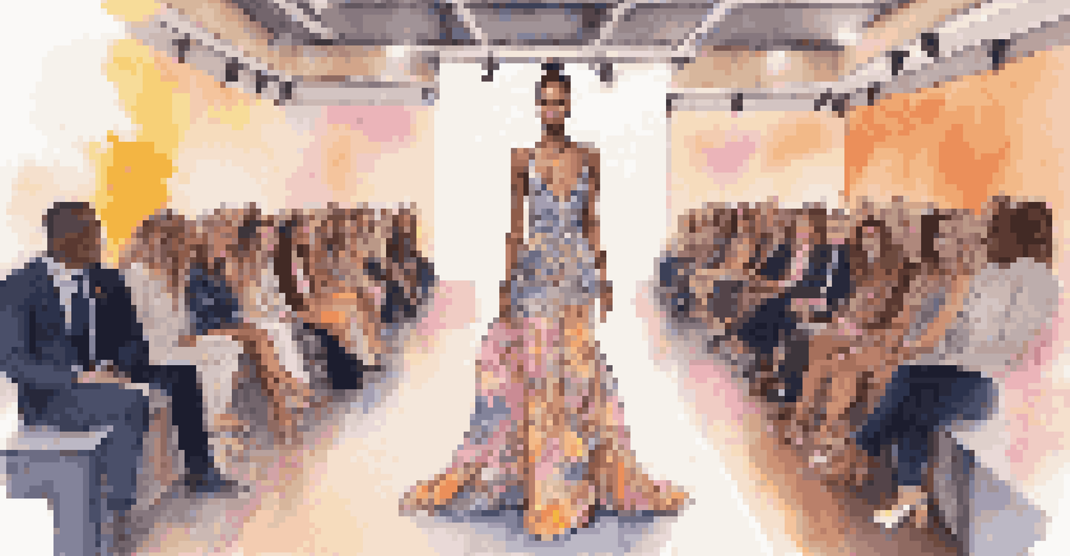 A fashion runway with a model displaying mental health awareness messages through elegant attire.