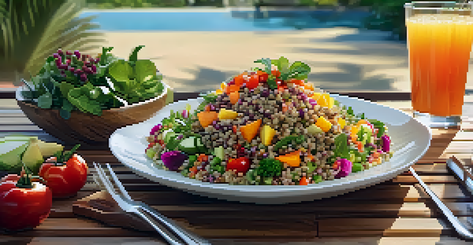 A gourmet quinoa salad with fresh vegetables served on a wooden table, surrounded by tropical flowers and soft lighting at a luxury fitness retreat.