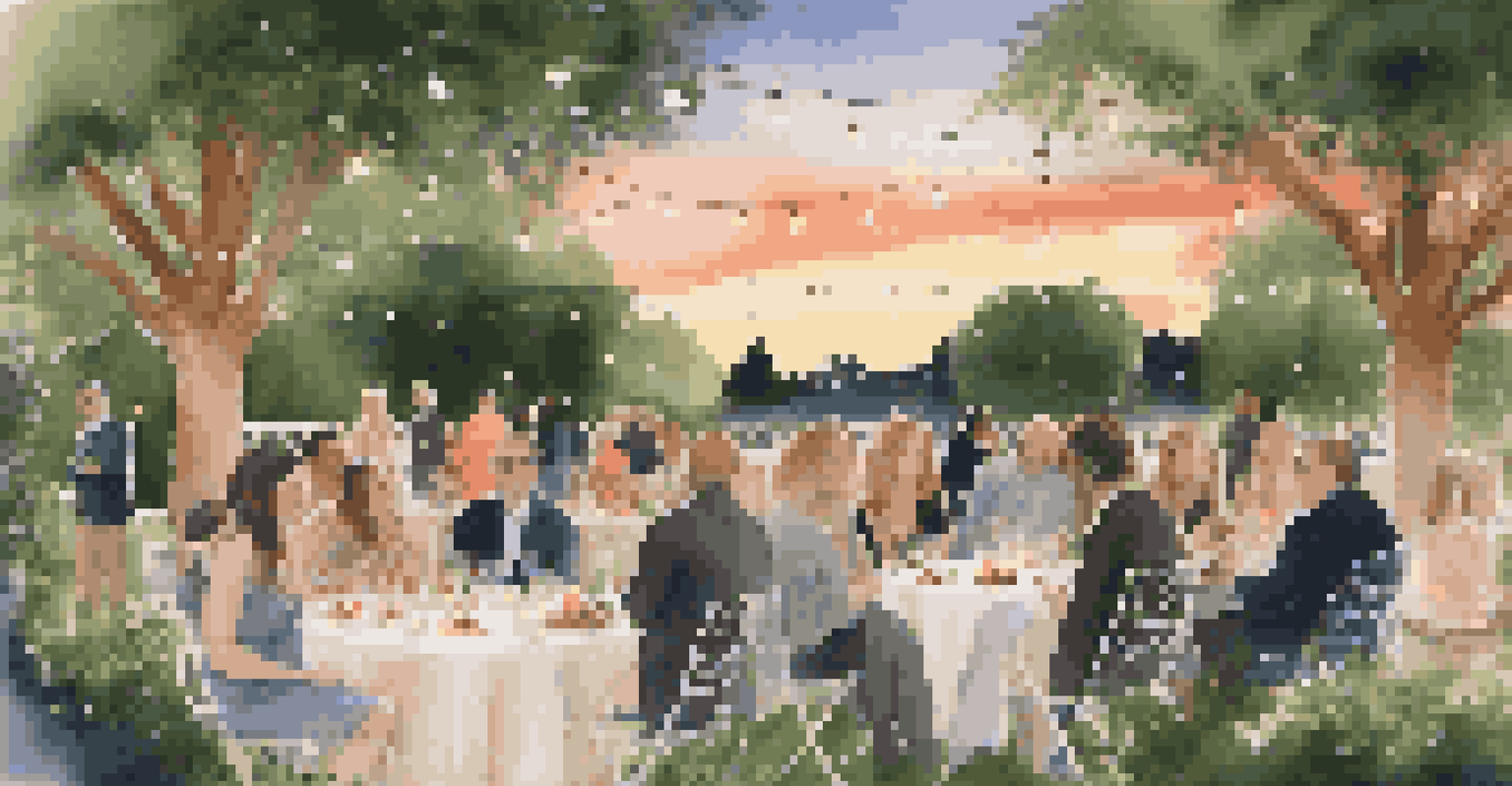 A serene garden setting for a networking event with guests enjoying food and wine, surrounded by nature and fairy lights.