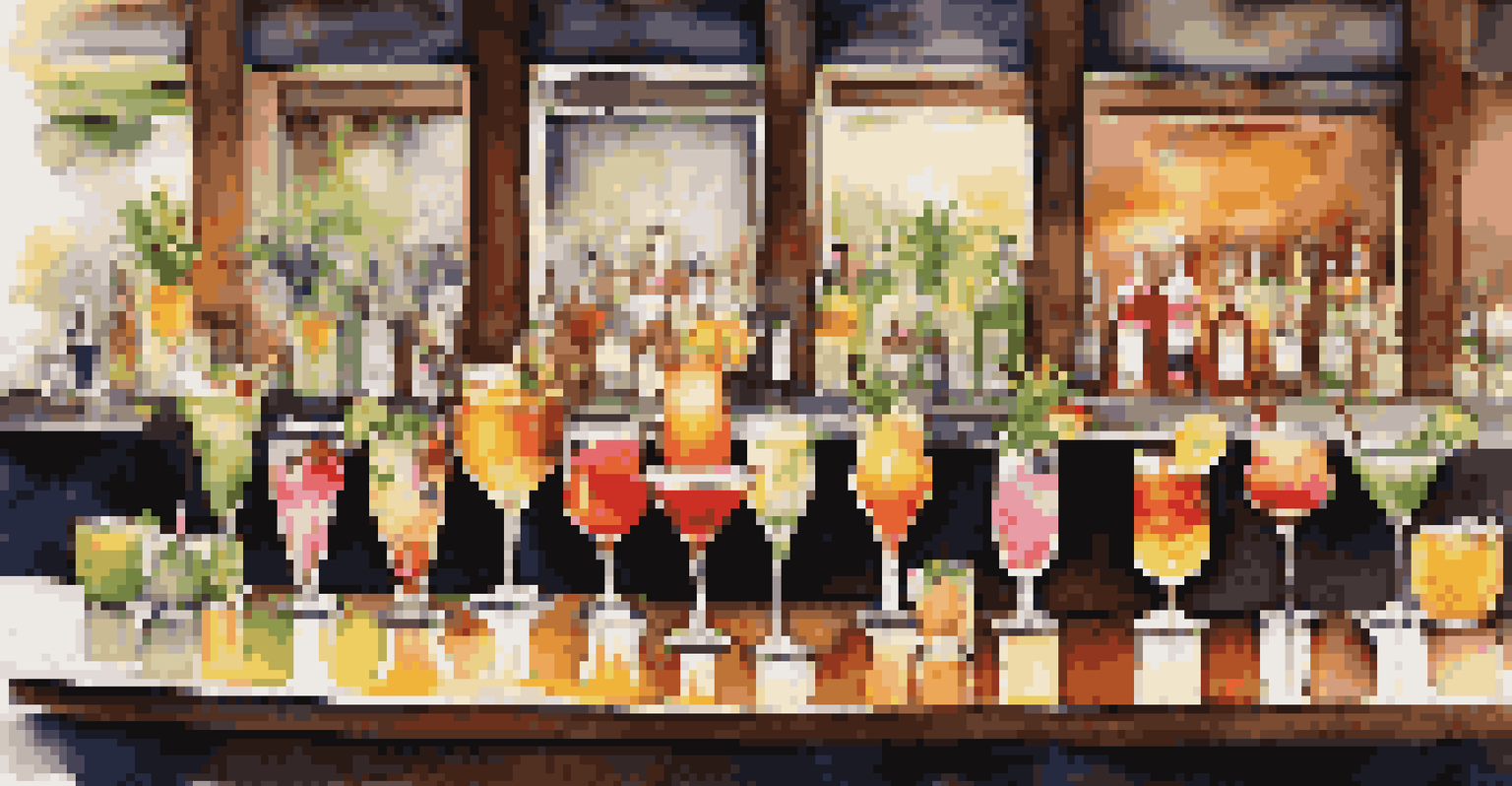 An array of colorful signature cocktails on a bar counter, beautifully garnished and elegantly lit.