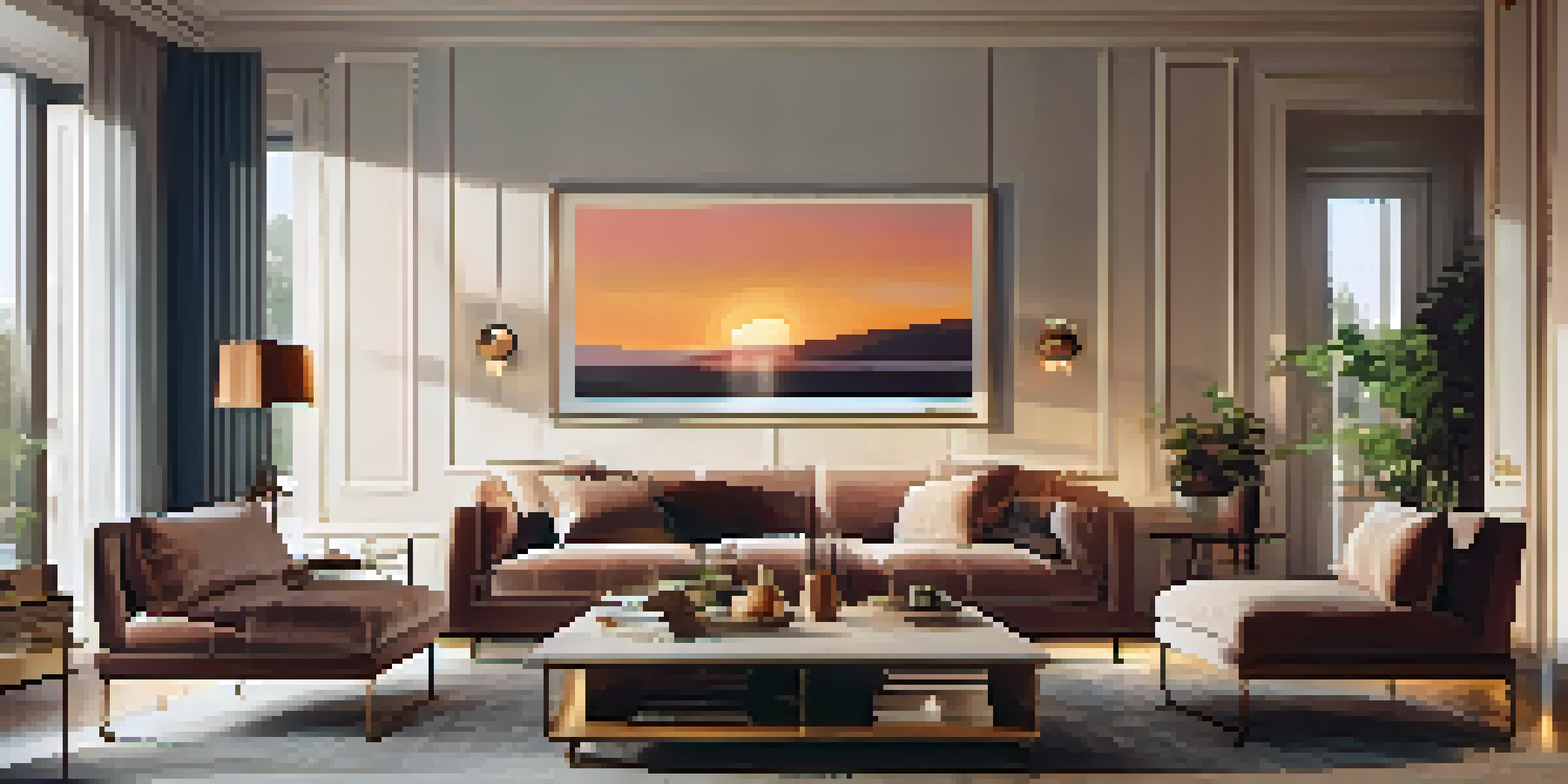 A contemporary living room with warm ambient lighting highlighting the furniture and decor, and a sunset visible through the window.