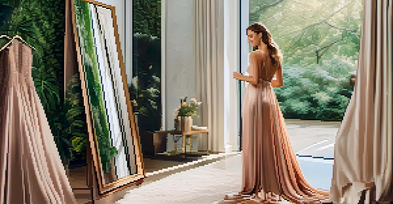 A young woman trying on a designer gown in front of a mirror, smiling with greenery in the background.