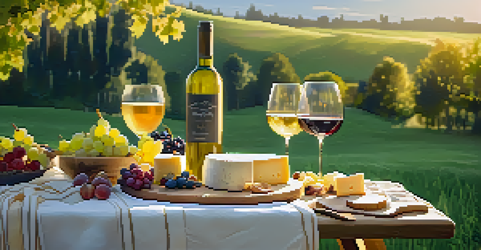 An outdoor wine tasting scene with a picnic blanket, gourmet cheeses, fruits, bread, and wine glasses, all illuminated by warm golden hour sunlight.