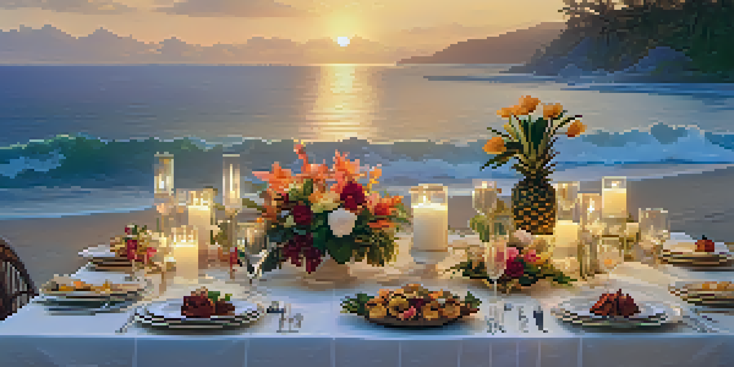 A family enjoying a luxurious dinner on the beach at sunset with a beautifully decorated table.