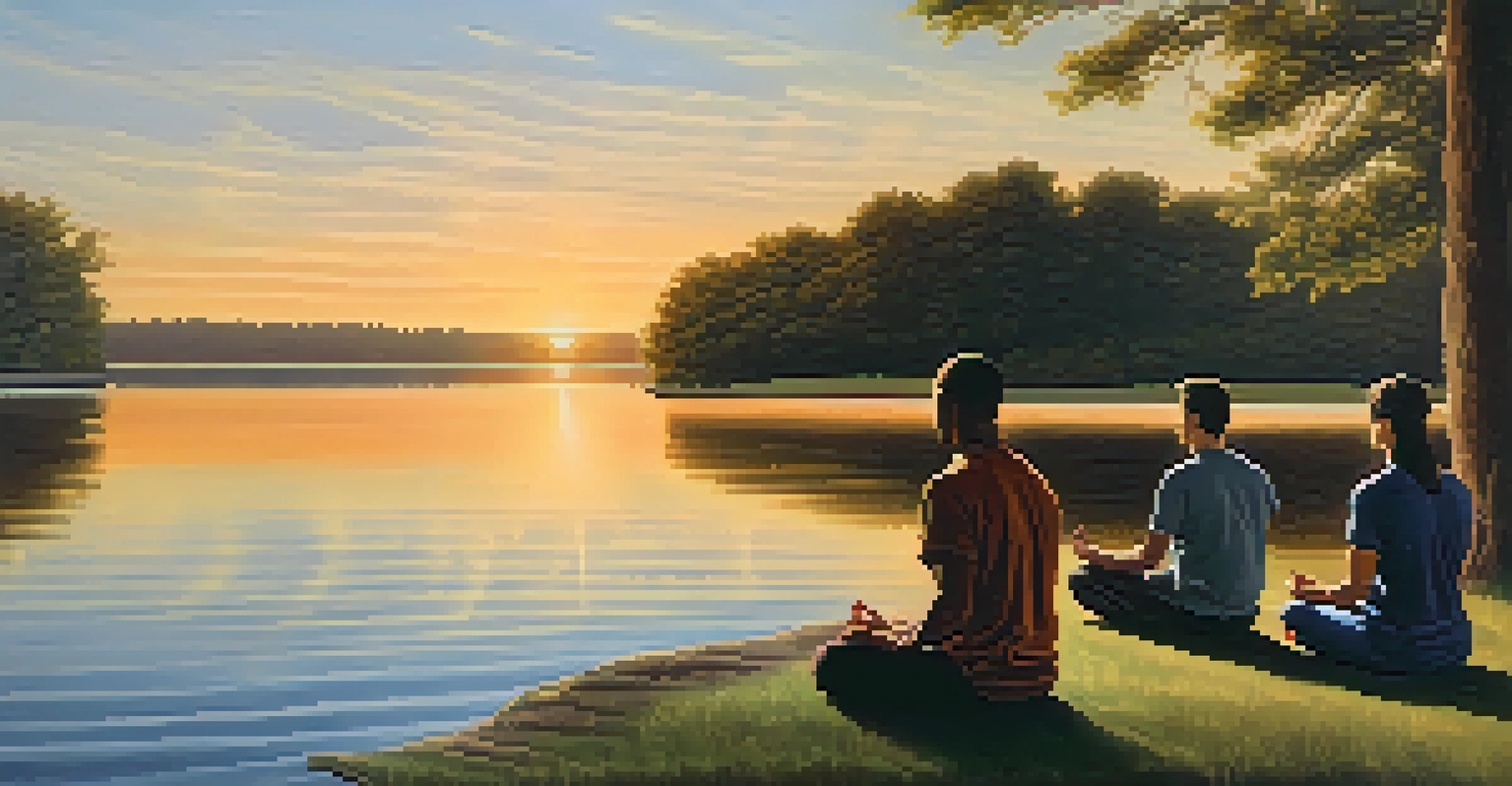 Participants meditating by a calm lake at sunset, creating a peaceful atmosphere.
