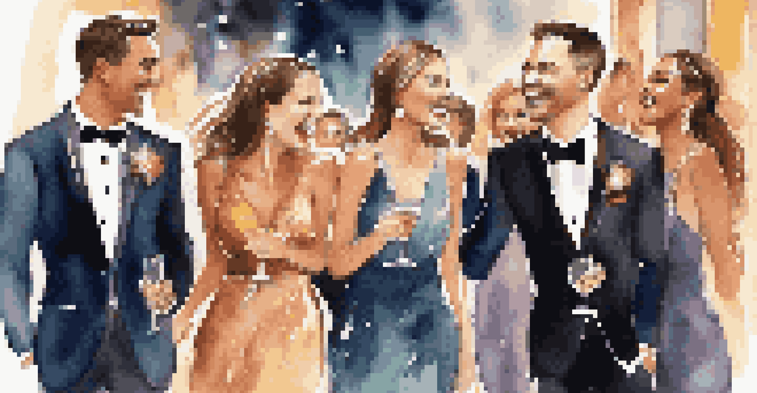 A group of friends in glamorous outfits sharing joyful moments at a chic event with twinkling lights.