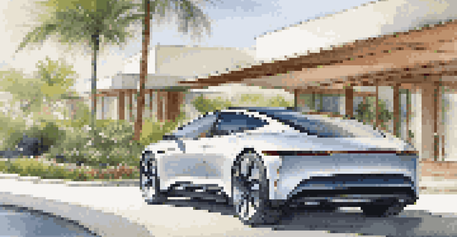 A sleek electric vehicle parked at a luxury resort with a charging station, surrounded by lush landscaping and modern architecture.