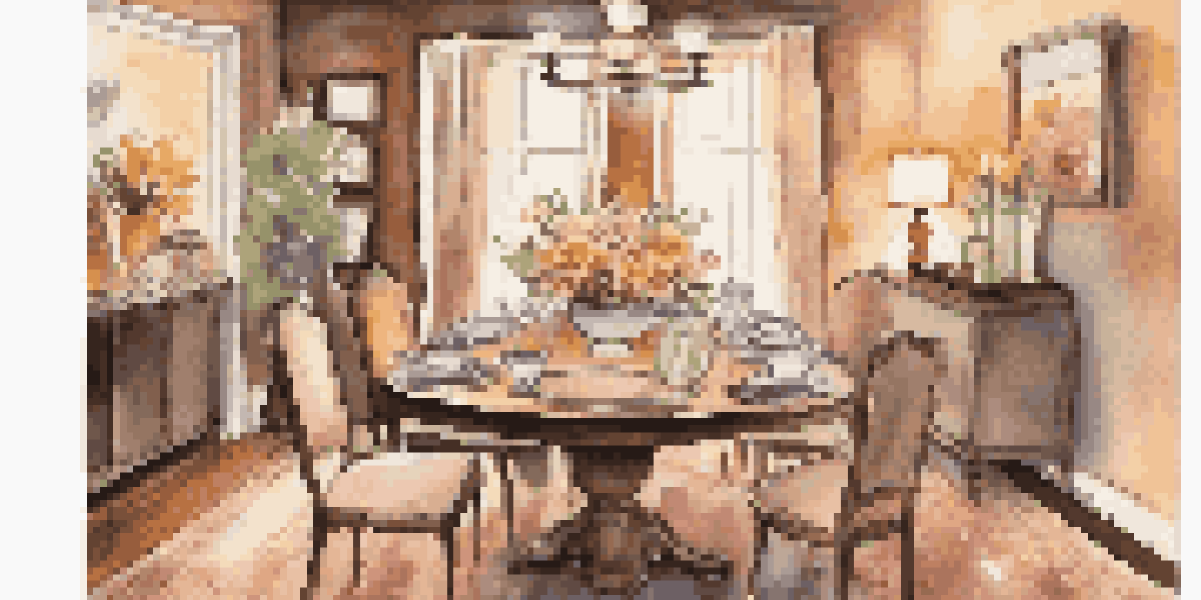 A warm and inviting home interior with a beautifully arranged dining table, soft candlelight, and fresh flowers, exuding an atmosphere of elegance and comfort.