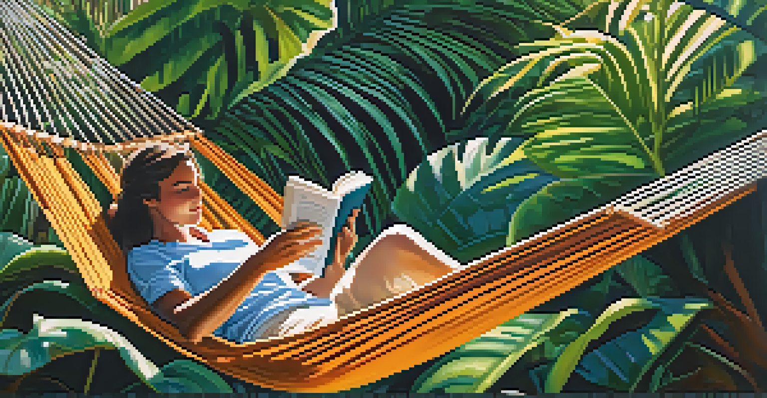 A person relaxing in a hammock surrounded by lush greenery, reading a book, with sunlight filtering through the leaves.