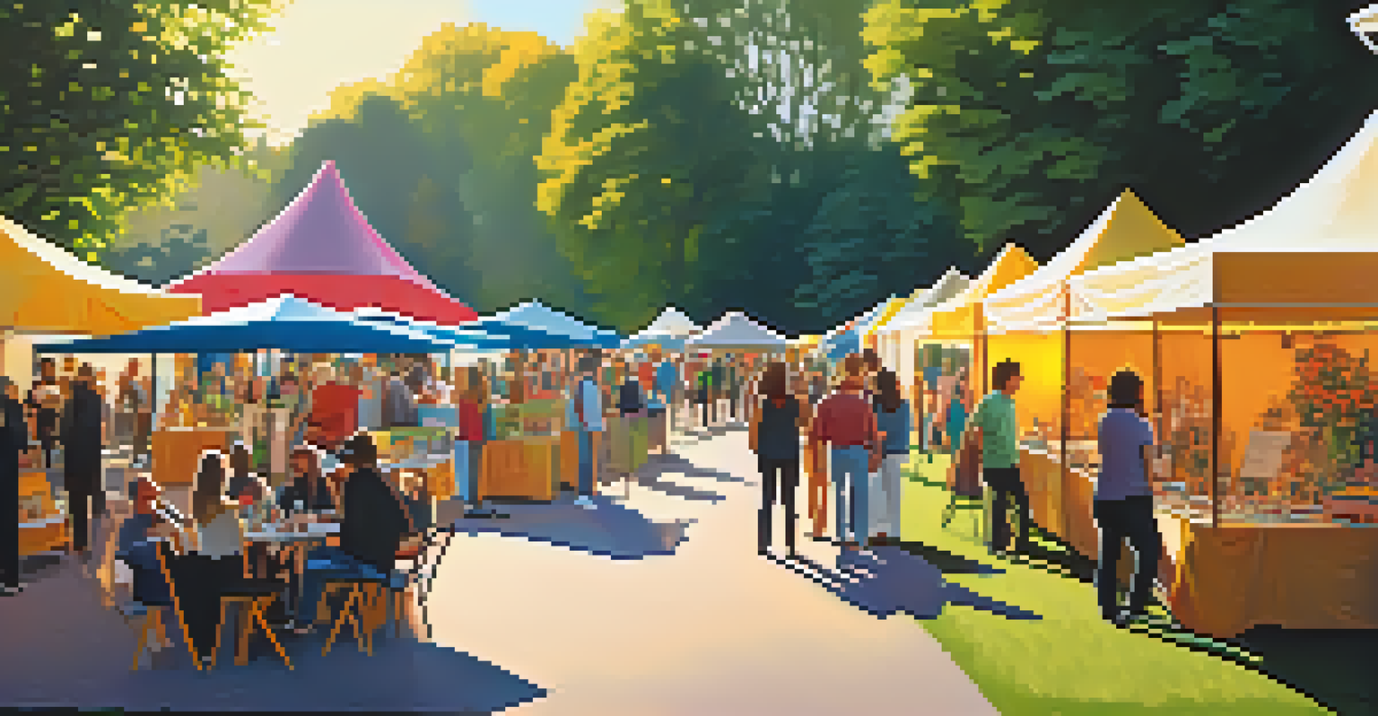 An outdoor luxury art fair set in a park with colorful tents, lush greenery, and attendees exploring various art displays.