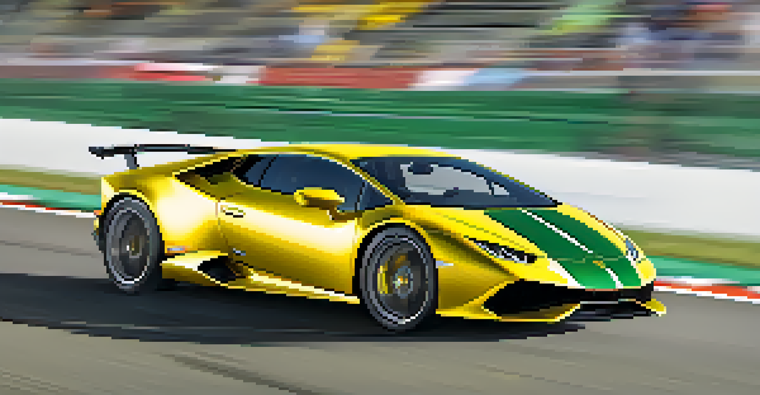 A Lamborghini Huracán Tecnica speeding down a racetrack, showcasing its bright yellow color and aggressive design.