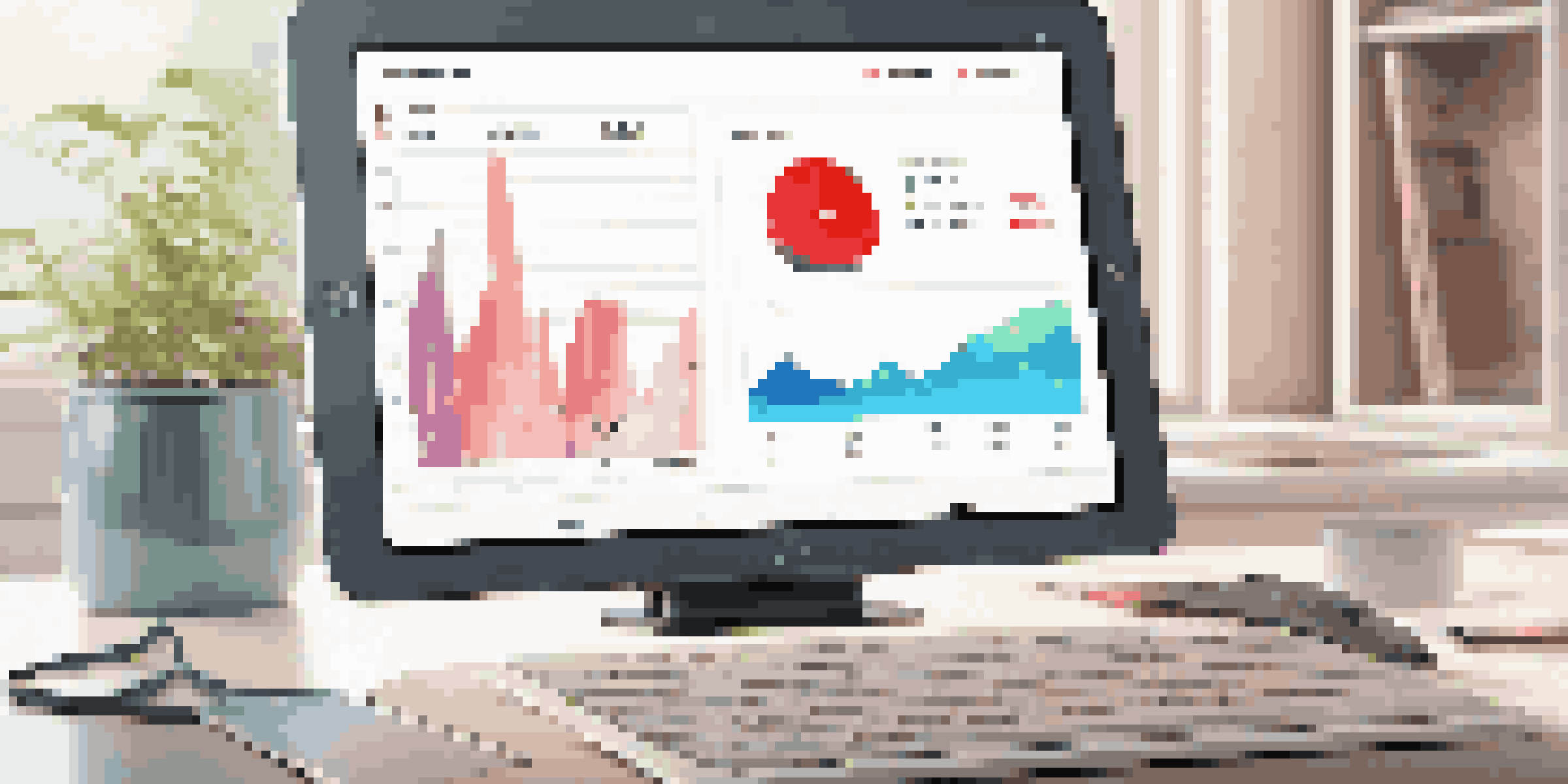 A tablet displaying a colorful personal health dashboard with various health metrics against a bright, minimalist home office background.