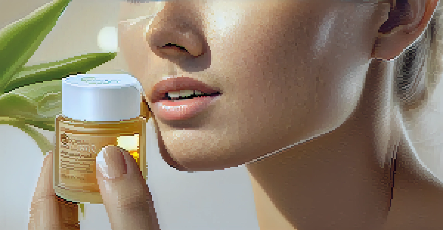 A close-up of a woman's hand applying cream infused with honey and aloe vera onto her face, with warm lighting highlighting her skin's glow.