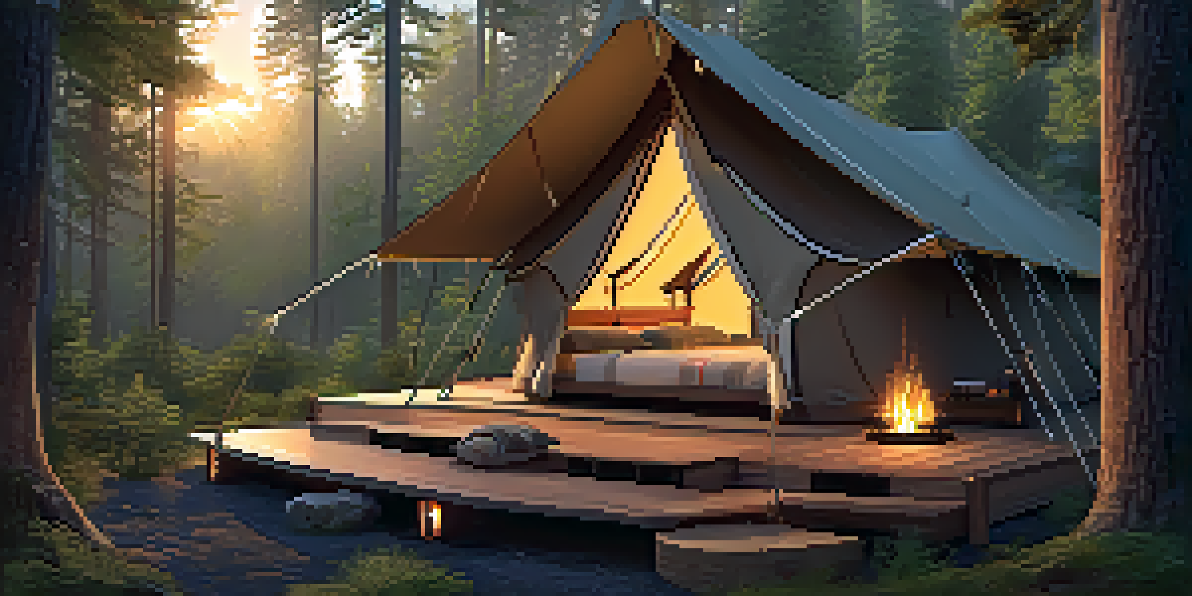 A luxurious glamping tent in a forest, with a king-sized bed and a campfire outside, under the starry night sky.