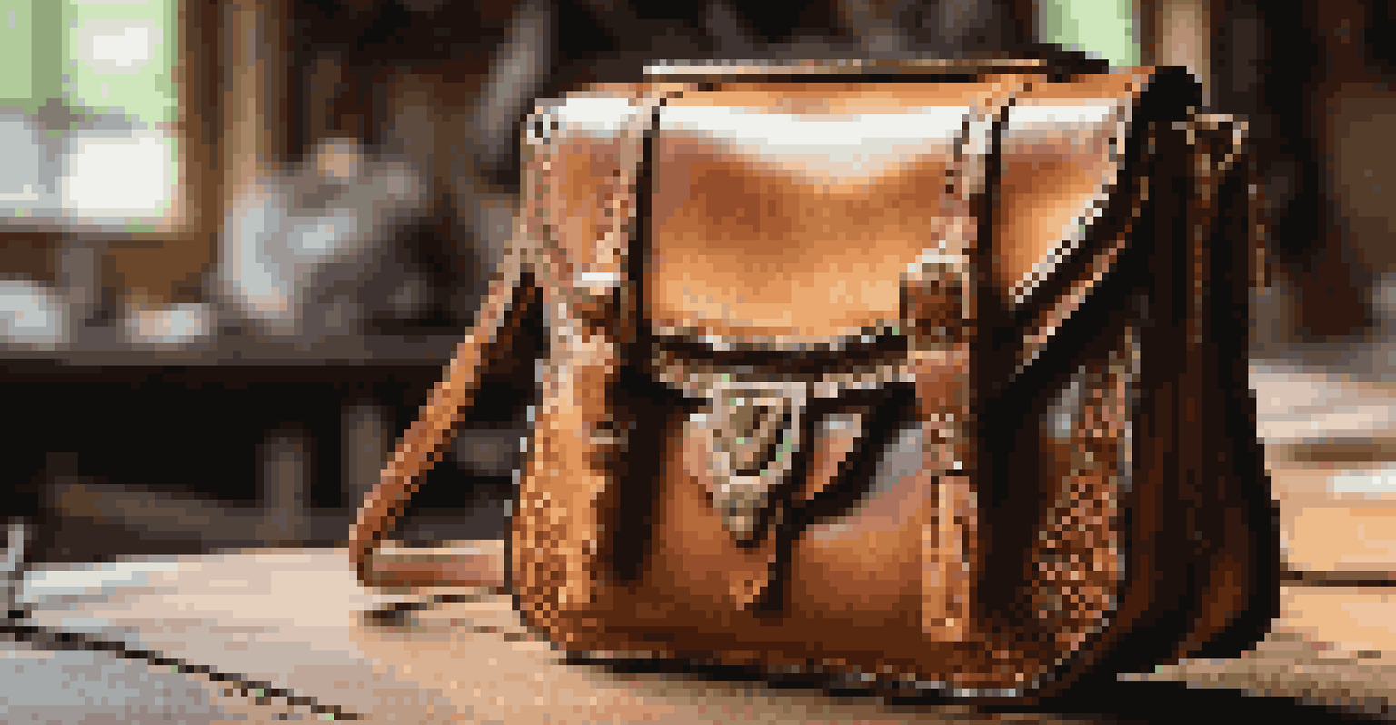 A handcrafted leather handbag showcasing intricate details and textures on a wooden table.