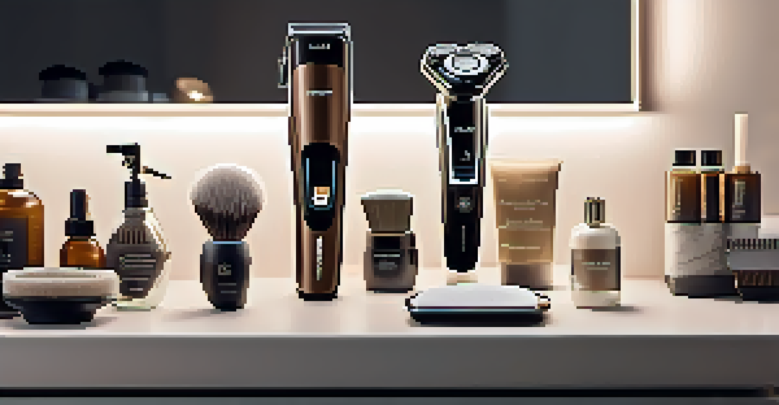 A stylish vanity with a high-tech beard trimmer and grooming accessories, bathed in warm lighting.