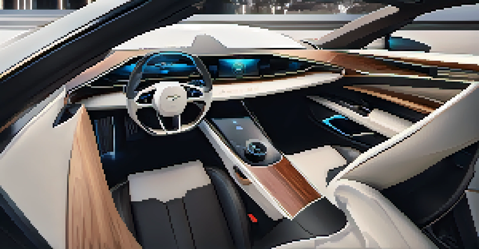 The interior of a luxury electric car featuring a futuristic dashboard, ambient lighting, and premium materials.