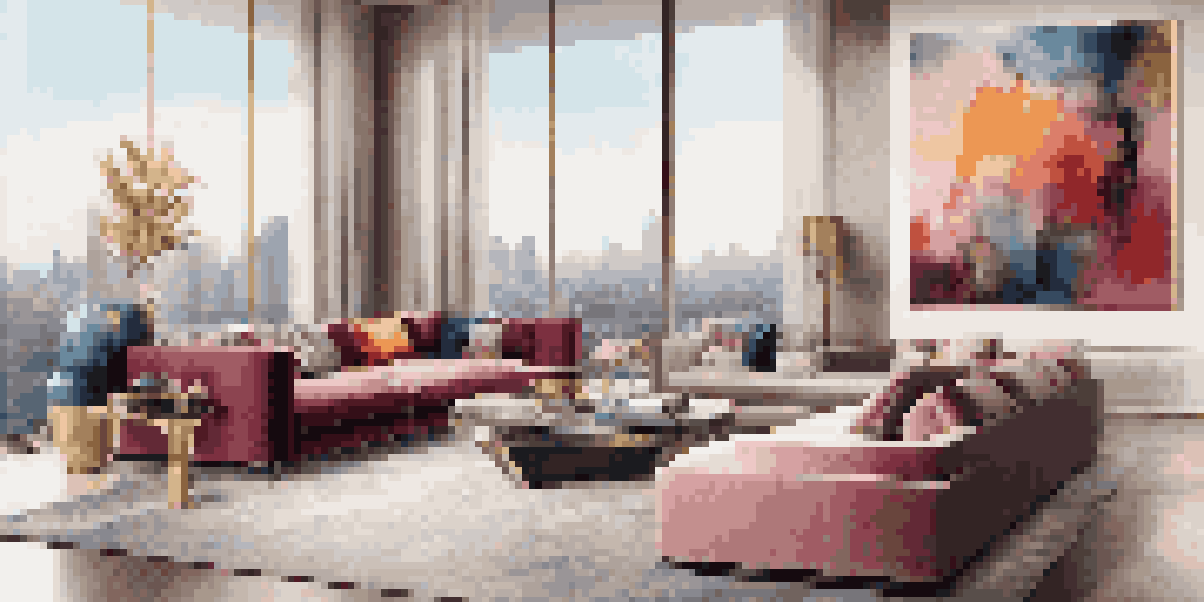 A modern and luxurious living room with large windows, velvet cushions, a marble coffee table, and colorful abstract art on the walls.