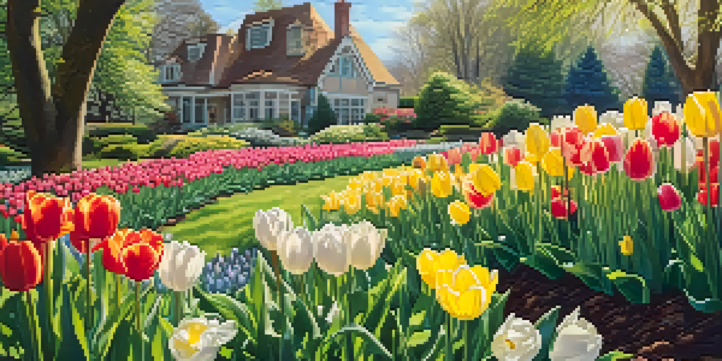 A spring garden filled with pastel tulips and daffodils blooming under soft sunlight, surrounded by lush greenery.