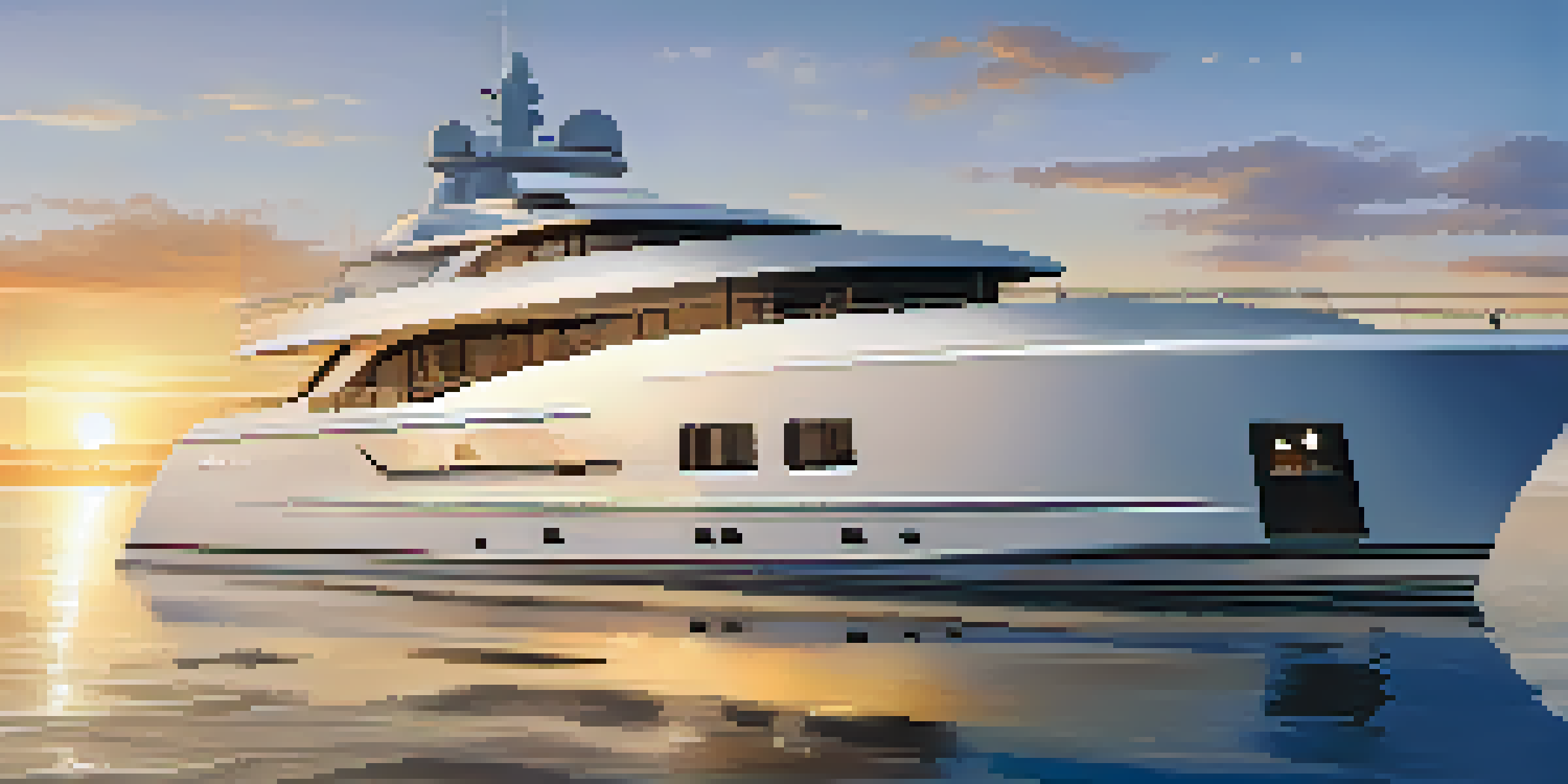 A luxurious yacht anchored in a calm ocean at sunset, with warm golden light reflecting off the water.