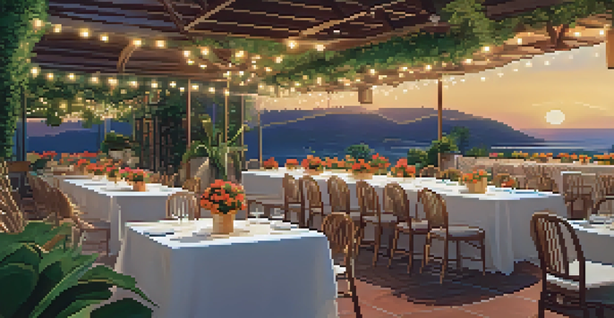 An outdoor event setting with tables featuring potted plants and wooden decorations, illuminated by LED lights at sunset.