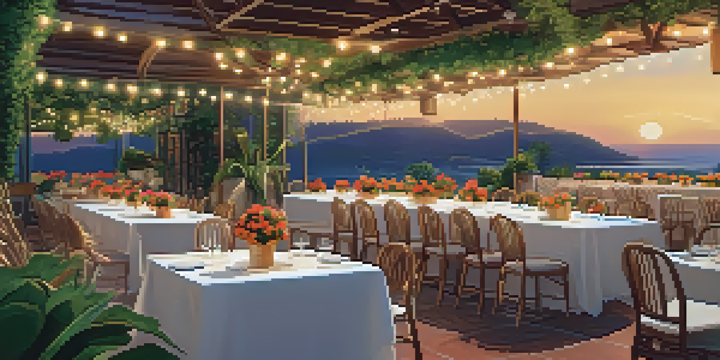 An outdoor event setting with tables featuring potted plants and wooden decorations, illuminated by LED lights at sunset.