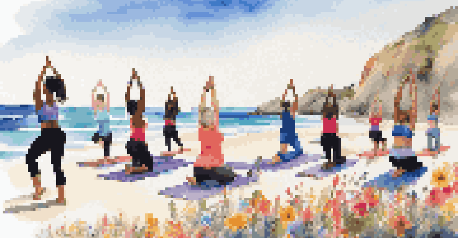 A diverse group of people doing yoga on the beach during a sunny spring day.