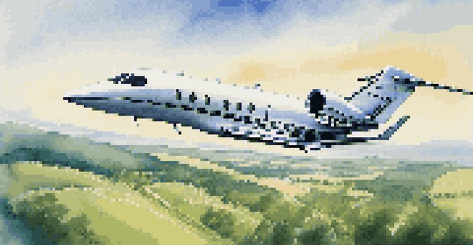 A sleek private jet flying in a clear blue sky above lush green fields and winding rivers.