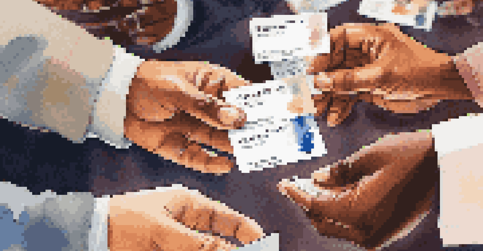 Close-up of hands exchanging culturally designed business cards at a professional gathering, with a softly blurred elegant event space in the background.