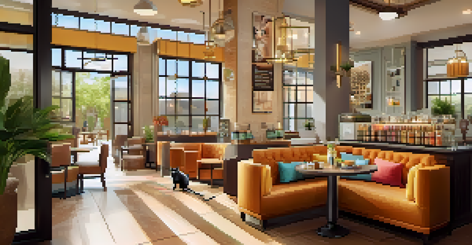 A cat enjoying gourmet treats in a luxury pet spa cafe while its owner drinks coffee in a cozy and colorful setting.