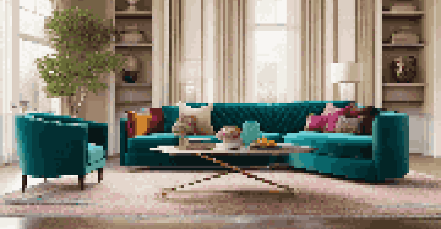 An elegant teal velvet sofa with colorful pillows in a stylish living room.